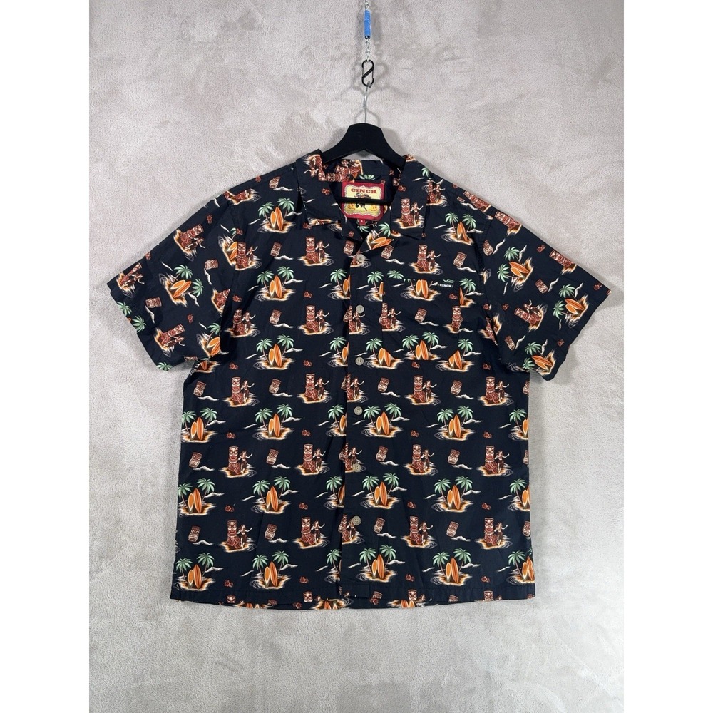 Cinch Camp Shirt Mens Large Black Hawaiian Tiki Surf Aloha Button Down